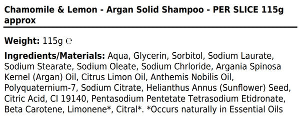 Handmade Chamomile and Lemon Shampoo Bar - 115g - Made with Argan Oil