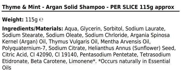 Handmade Thyme and Mint Shampoo Bar - 115g - Made with Argan Oil