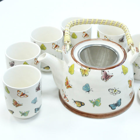 Tea Set - Matching Pot and 6 Cups -  Butterflies
