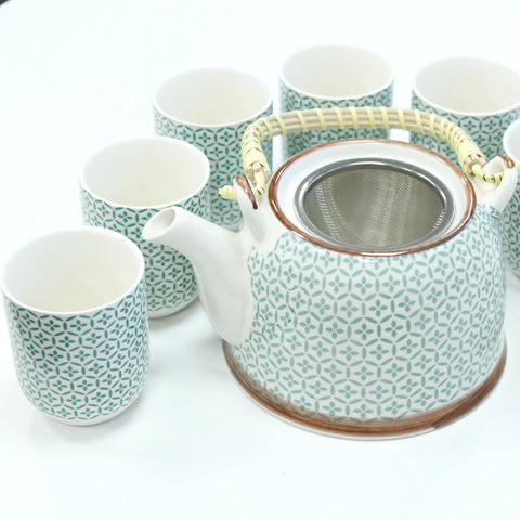 Tea Set - Matching Pot and 6 Cups - Green Mosaic