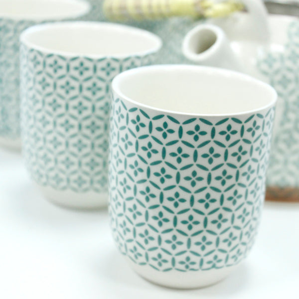 Tea Set - Matching Pot and 6 Cups - Green Mosaic