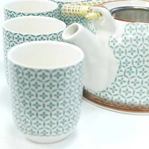Tea Set - Matching Pot and 6 Cups - Green Mosaic