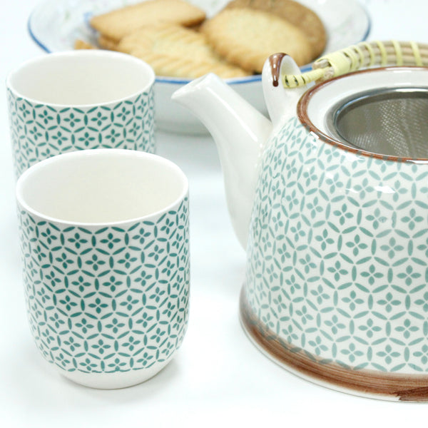 Tea Set - Matching Pot and 6 Cups - Green Mosaic
