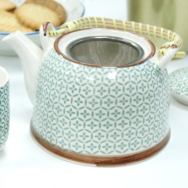 Tea Set - Matching Pot and 6 Cups - Green Mosaic